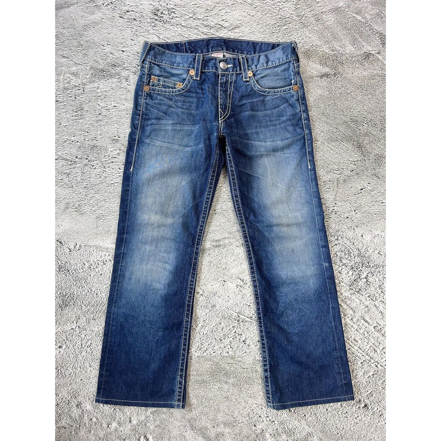 True Religion blue jeans white thick stitching Bobby