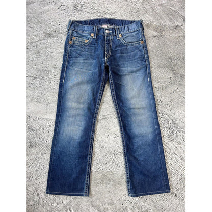 True Religion blue jeans white thick stitching Bobby