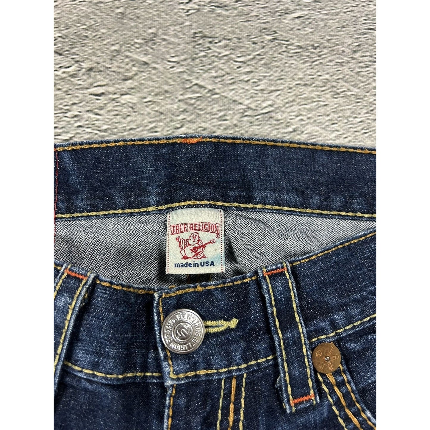 True Religion jorts denim shorts navy stitching Ricky