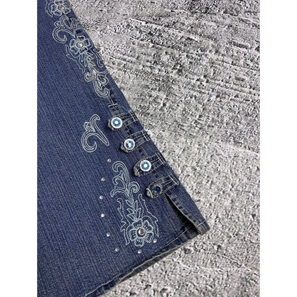 Y2K jeans flared floral embroidery rhinestone