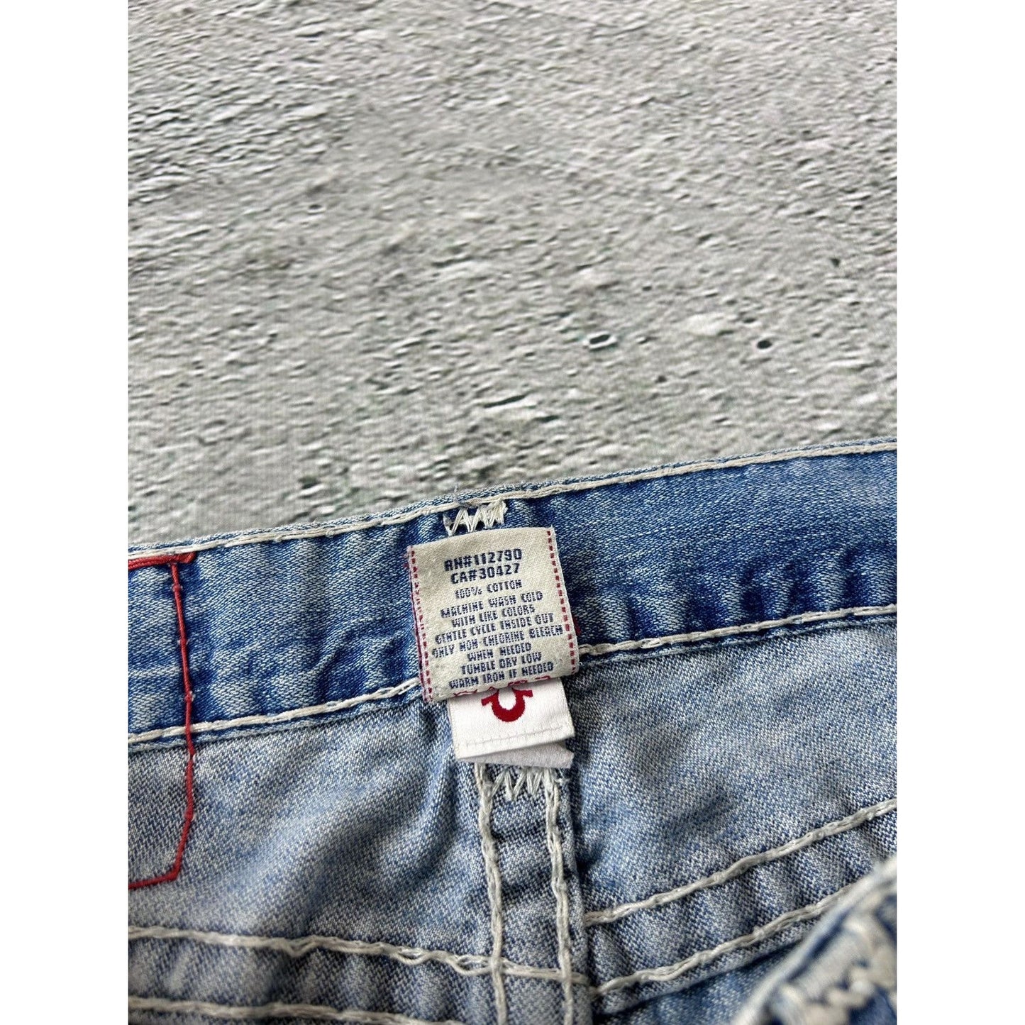 True Religion baby blue jeans white thick stitching Bobby