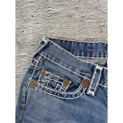 True Religion baby blue jeans white thick stitching Bobby
