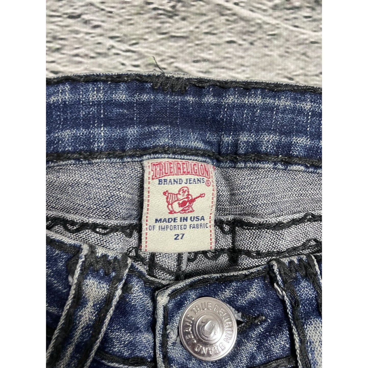 True Religion navy blue jeans black thick stitching Billy