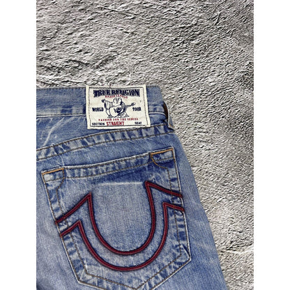 True Religion vintage jeans baby blue thick stitching red