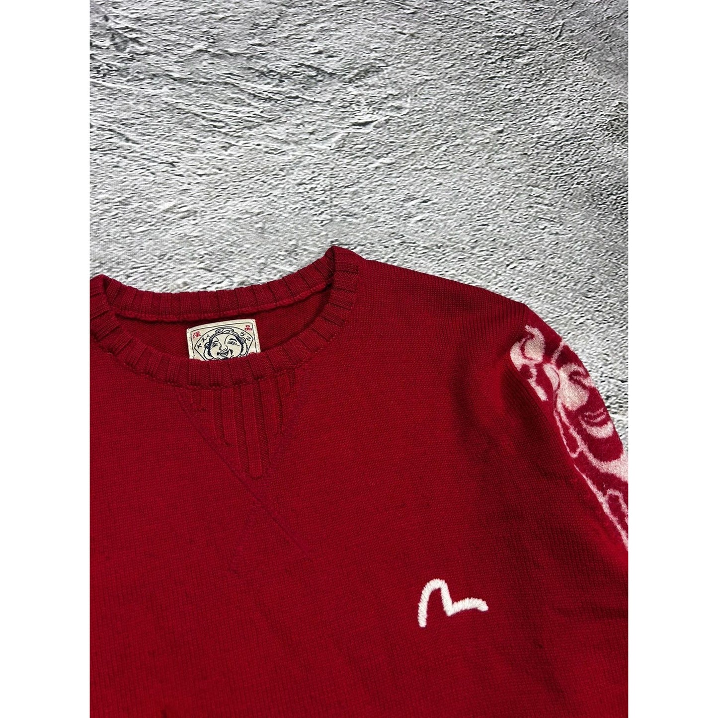 Evisu sweater wool vintage red knit face logo on sleeves