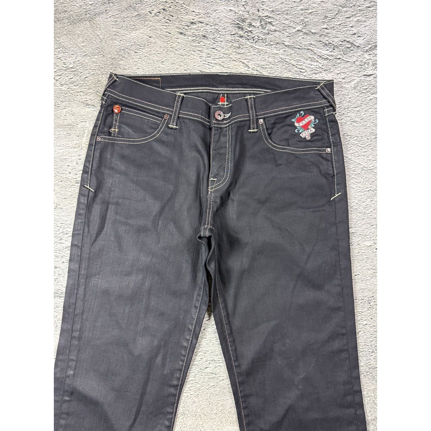 Evisu x Puma vintage waxed black jeans seagulls Y2K