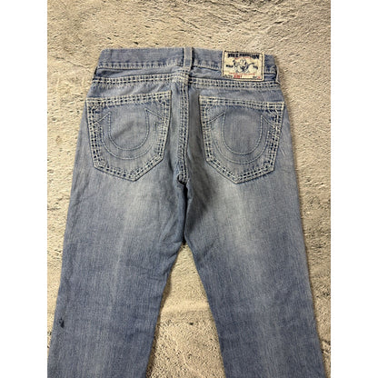 True Religion washed light blue jeans white stitching Bobby