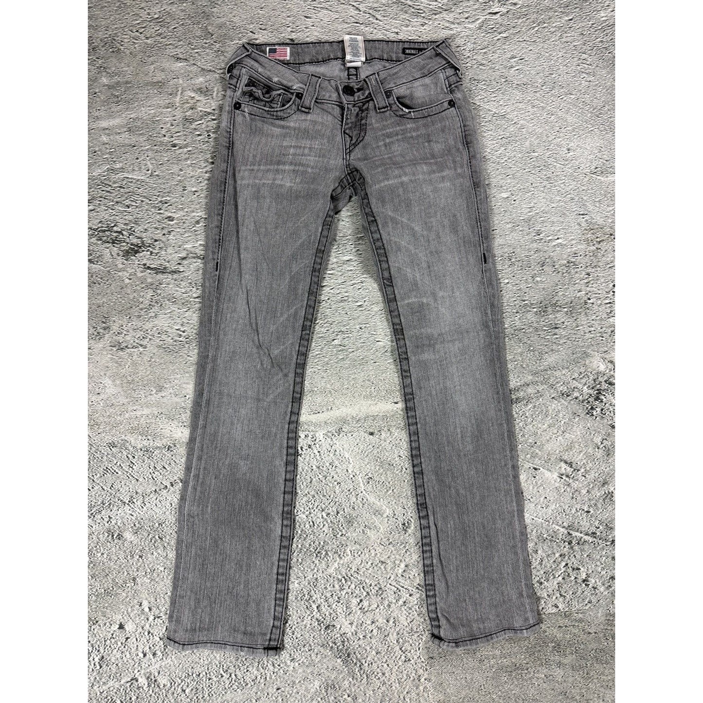True Religion jeans grey black thick stitching flared Billy