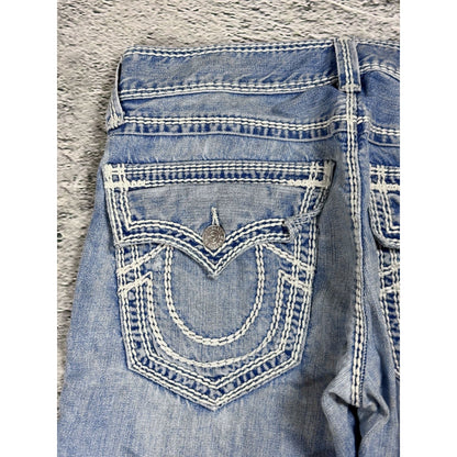 True Religion jeans straight baby blue Mega T white stitch