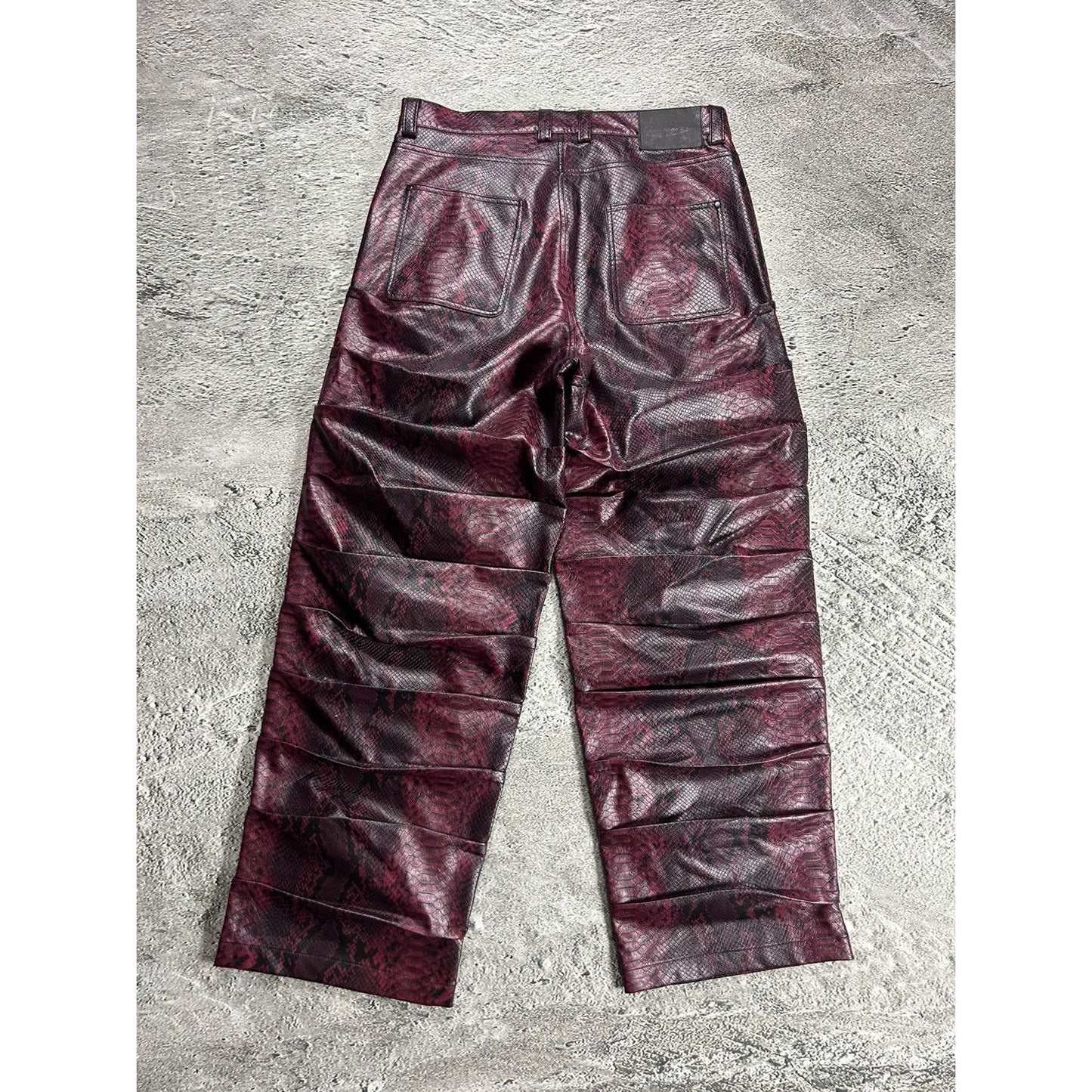 Review baggy pants faux leather style red snakeskin