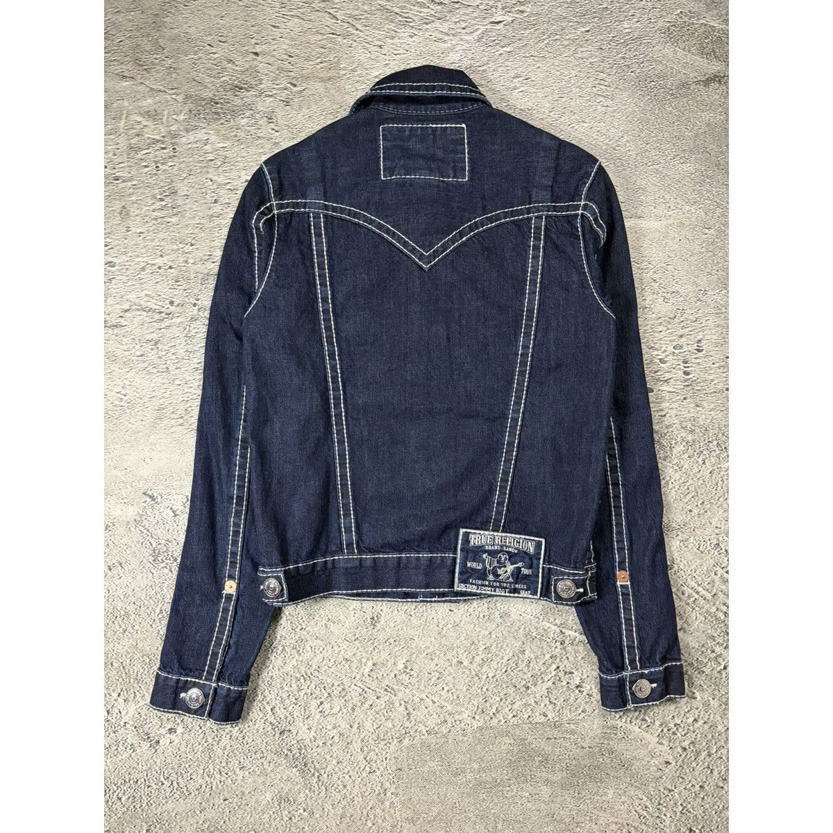 True Religion Raw denim jacket navy Blue white fat stithing
