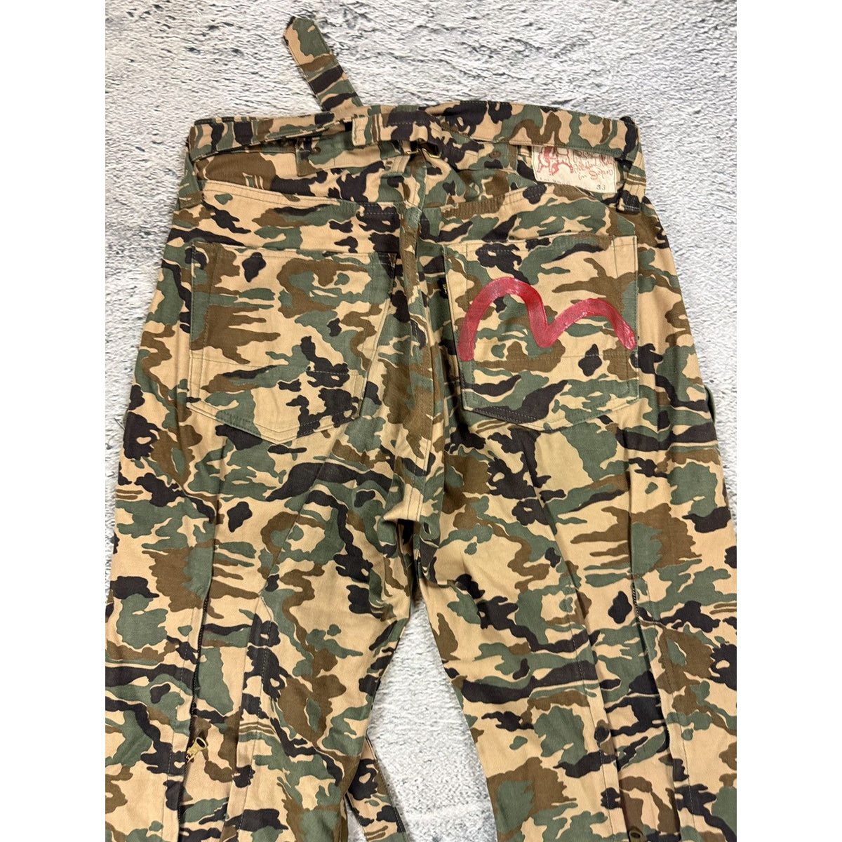 Evisu private stock camo Evis cow tag hand painted