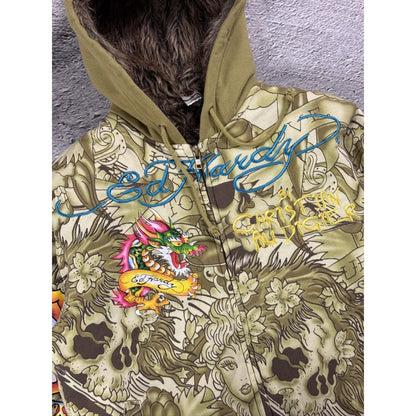Ed Hardy zip hoodie furry vintage Y2K Christian Audigier fur