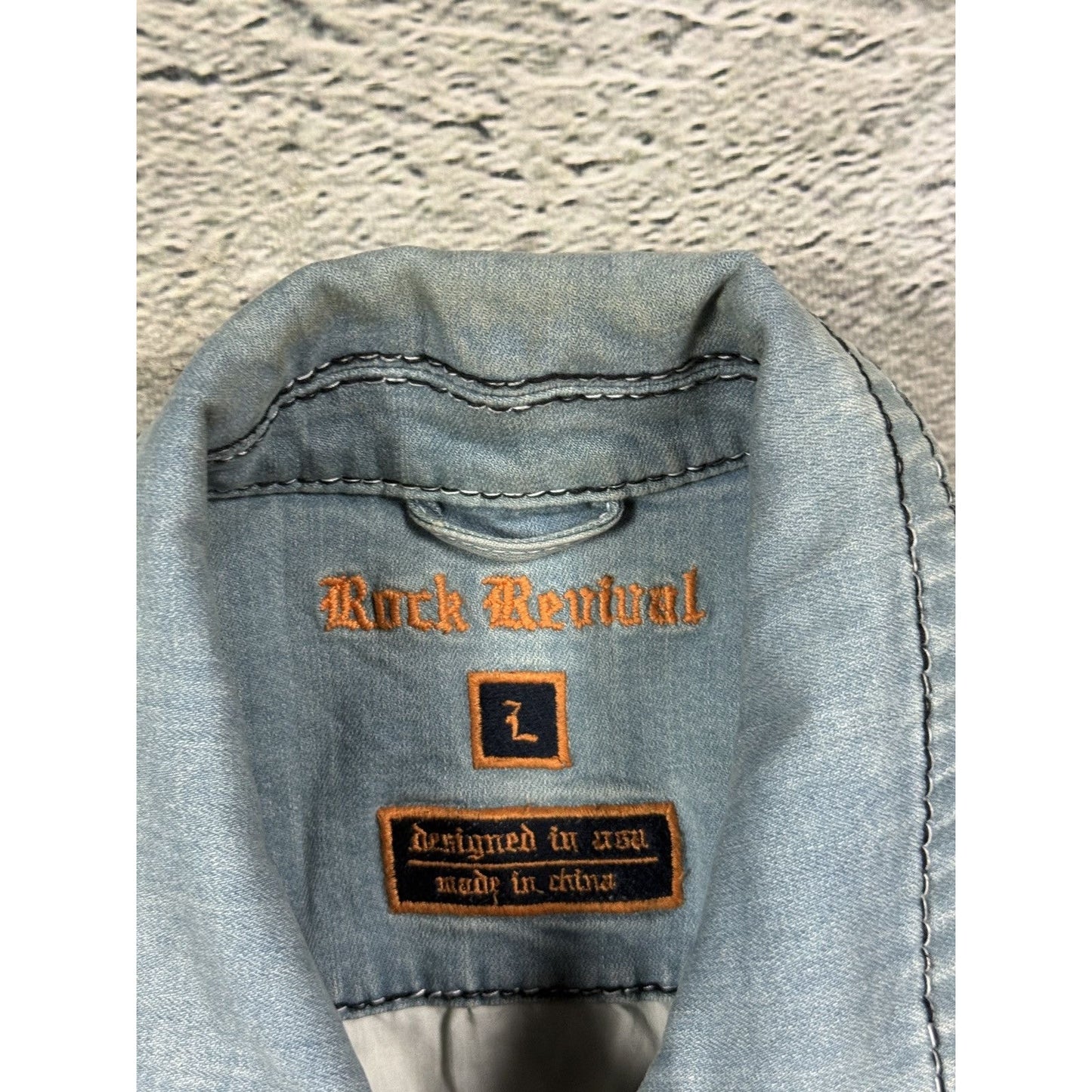 Rock Revival denim jacket blue white stitching vintage