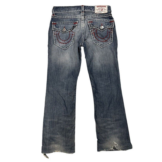 True Religion blue jeans white red thick stitching straight