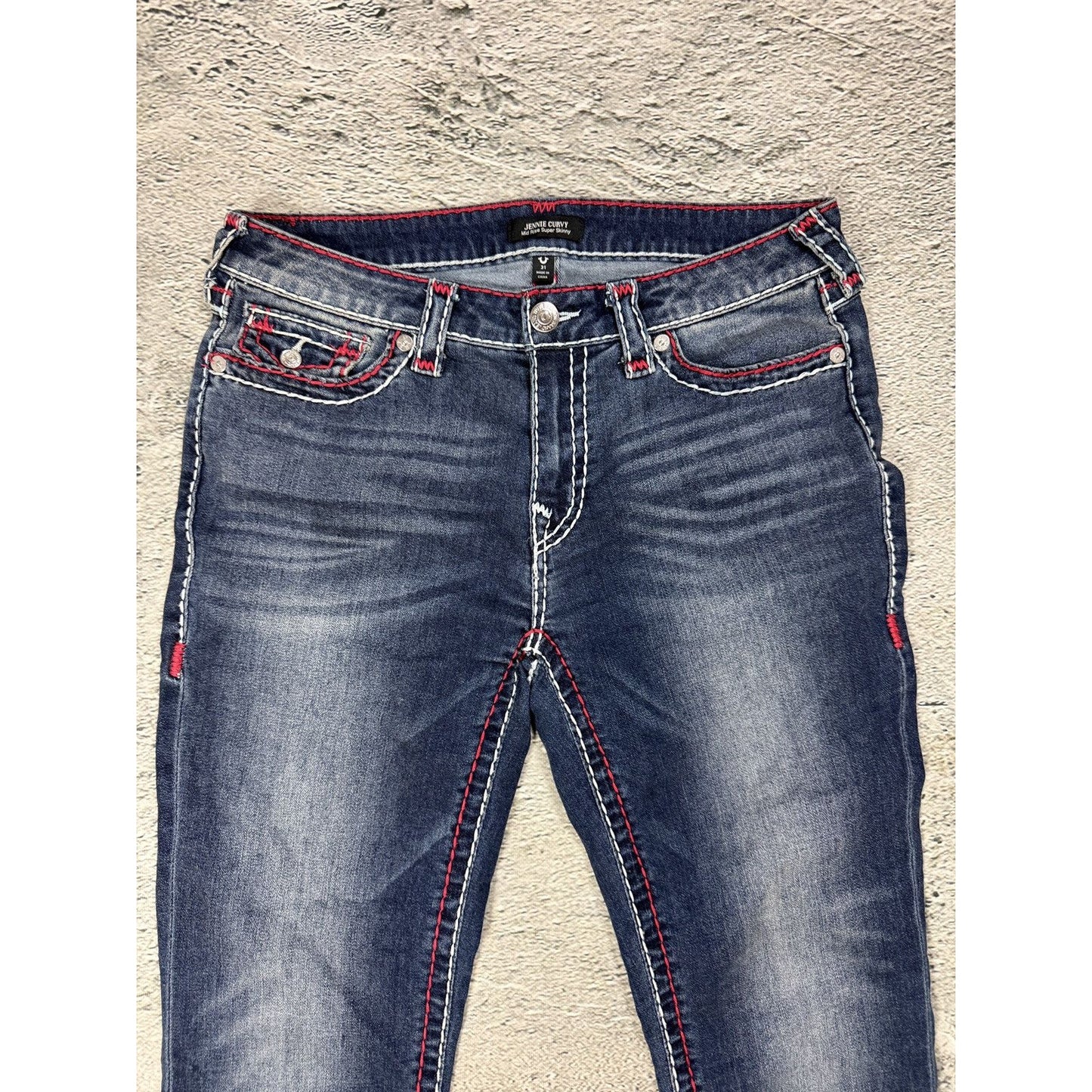 True Religion jeans skinny rhinestones red white stitch