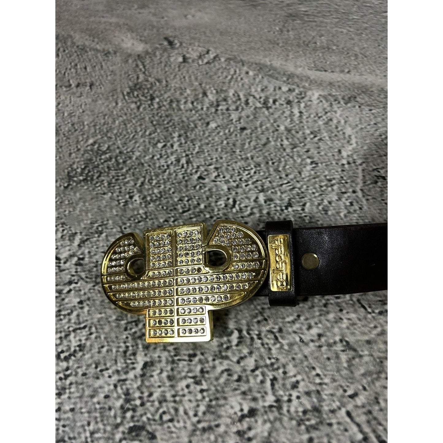 Pelle Pelle belt leather big buckle gold rhinestones Y2K
