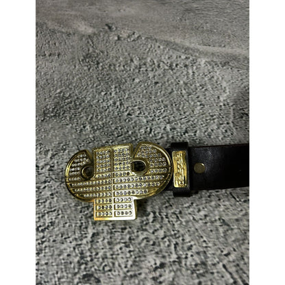 Pelle Pelle belt leather big buckle gold rhinestones Y2K