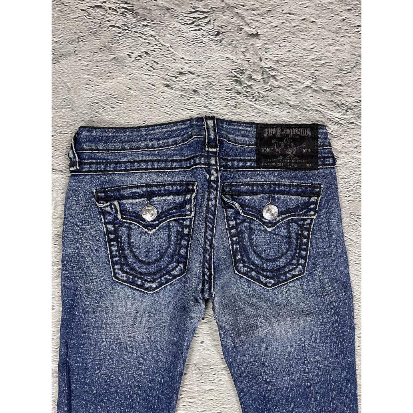 True Religion navy blue jeans black thick stitching Billy