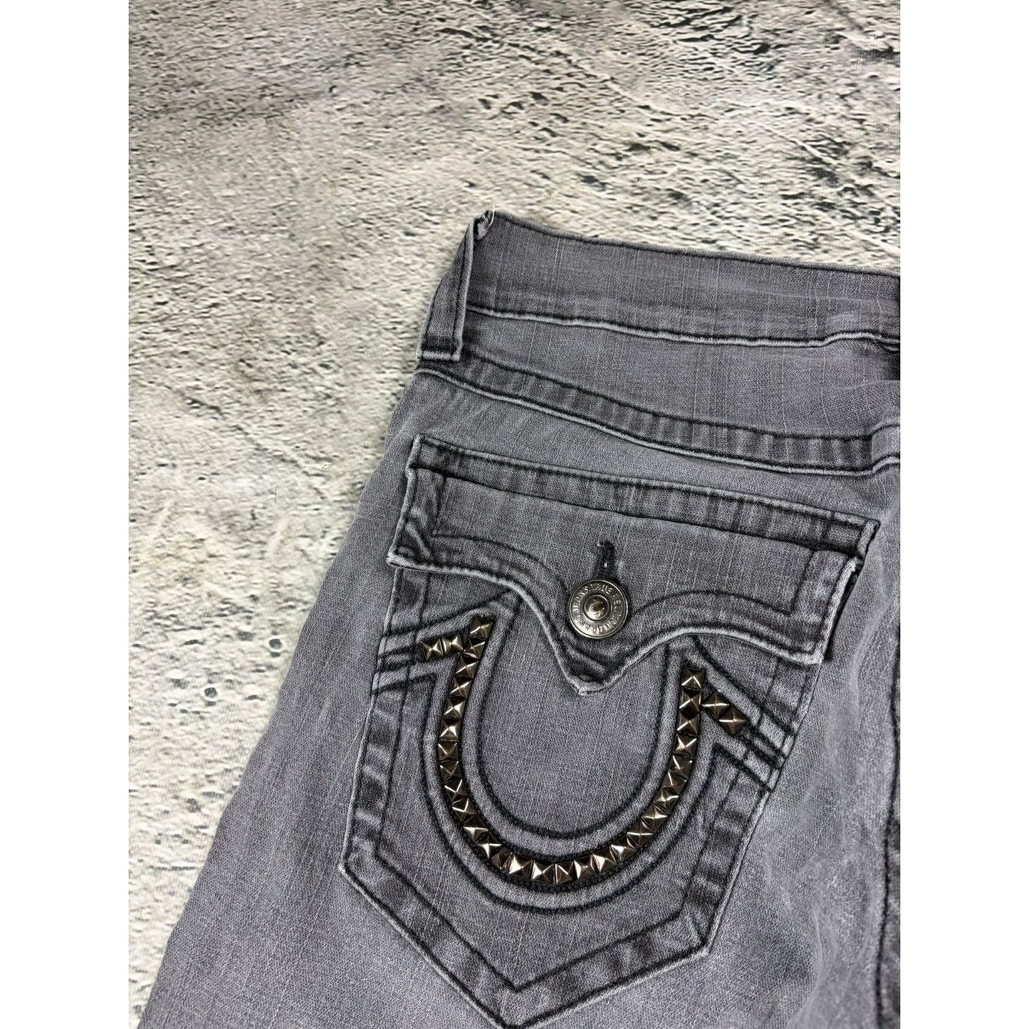 True Religion studded jeans grey black stitching Y2K