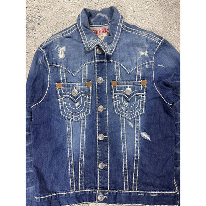 True Religion denim jacket blue white stitching vintage