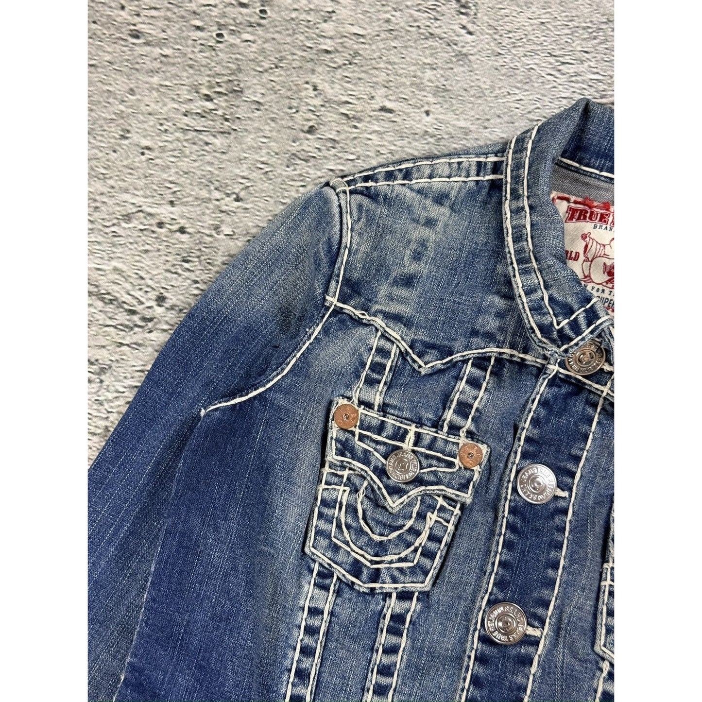 True Religion denim jacket blue white stitching vintage