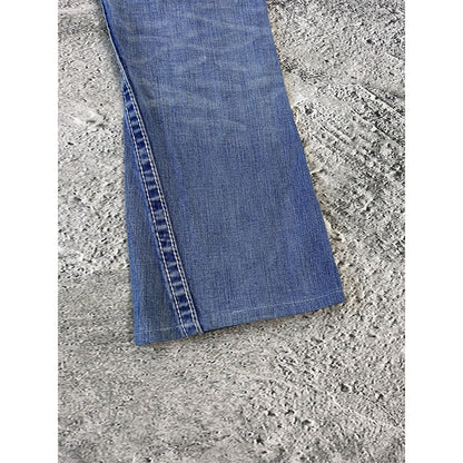 True Religion baby blue jeans white stitching Y2K bootcut