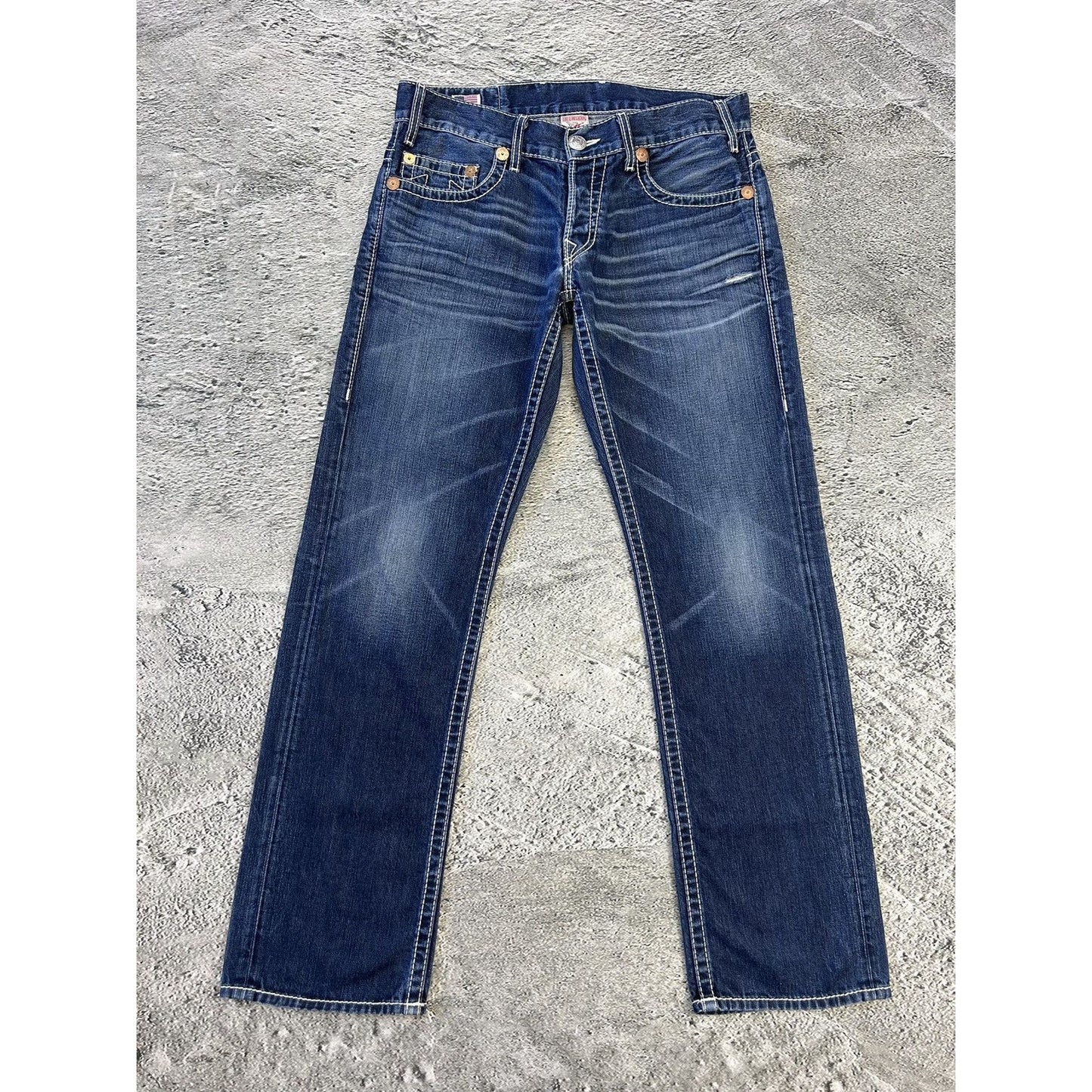 True Religion blue jeans white thick stitching Logan Y2K