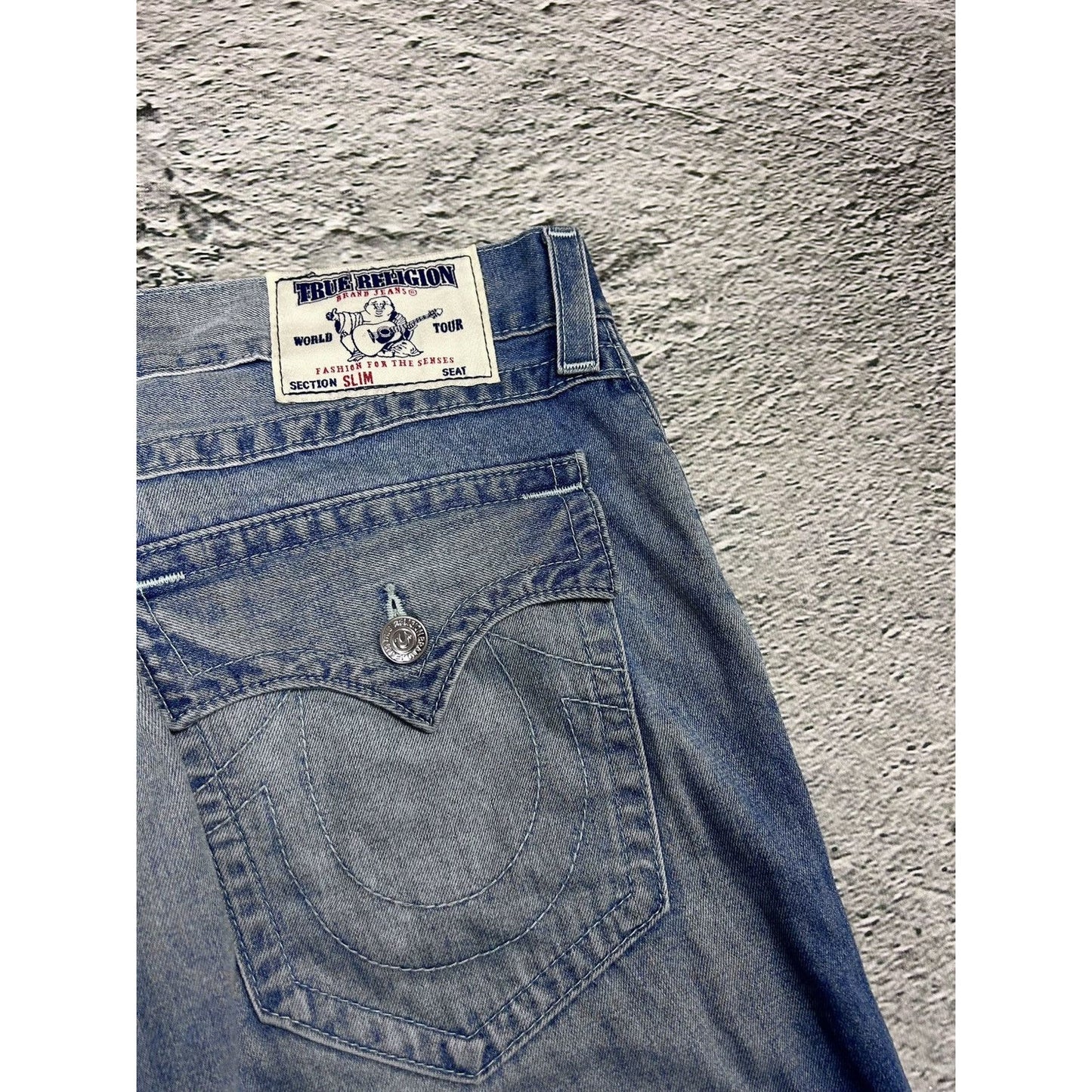 True Religion baby blue jeans white stitching Slim Y2K