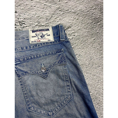 True Religion baby blue jeans white stitching Slim Y2K