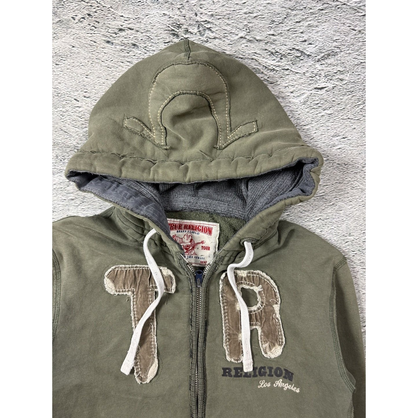 True Religion zip hoodie khaki green brown vintage fade Y2K