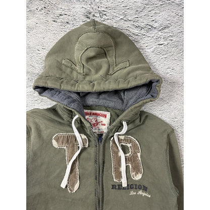 True Religion zip hoodie khaki green brown vintage fade Y2K