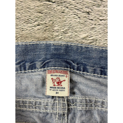 True Religion washed light blue jeans white stitching Bobby