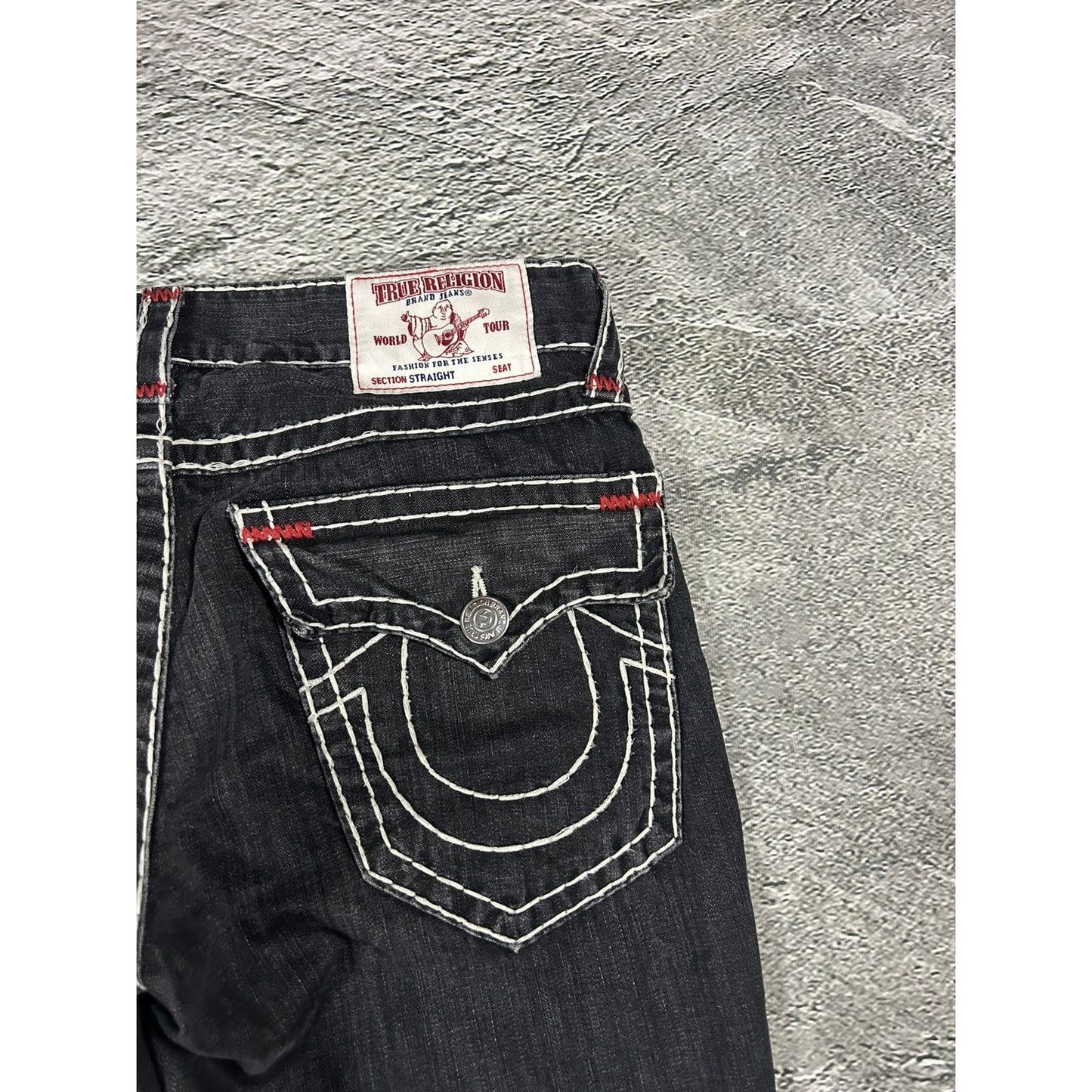 True Religion vintage black jeans denim white stitching