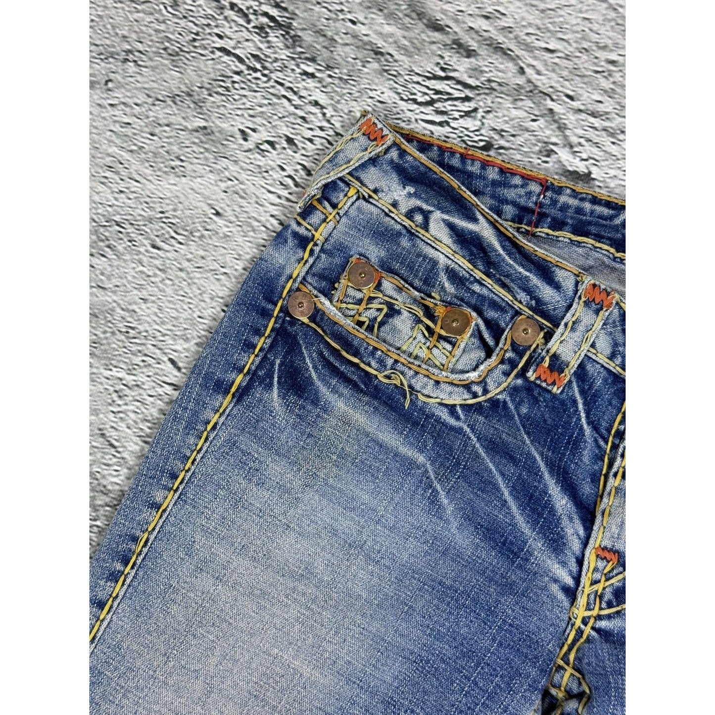 True Religion Vintage Bootcut Johnny Blue Gold Stitching