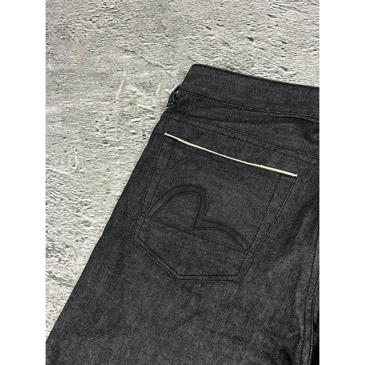 Evisu jorts black gray shorts raw denim leather seagulls