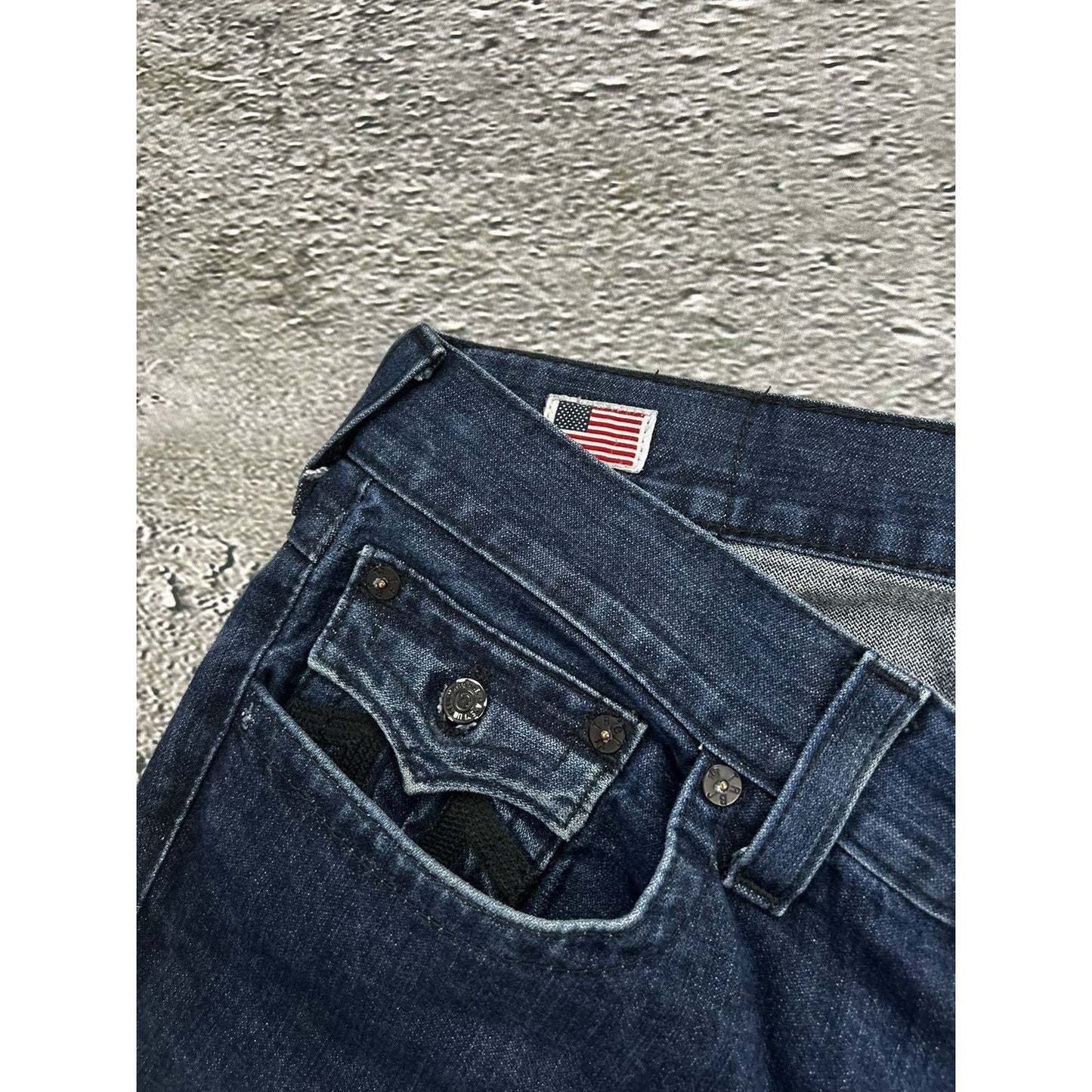True Religion navy jeans black thick stitching Y2K