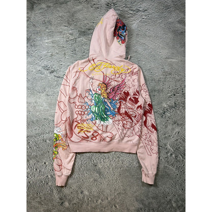 Ed Hardy zip hoodie black red vintage Y2K faux fur