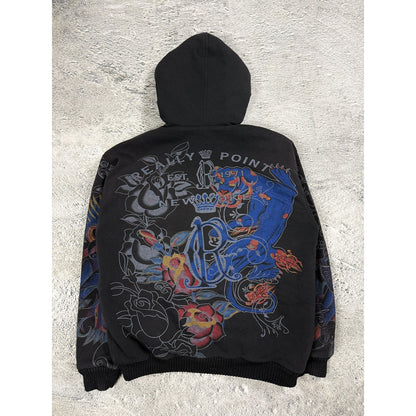 Really Point Y2K vintage zip hoodie black fur Ed Hardy