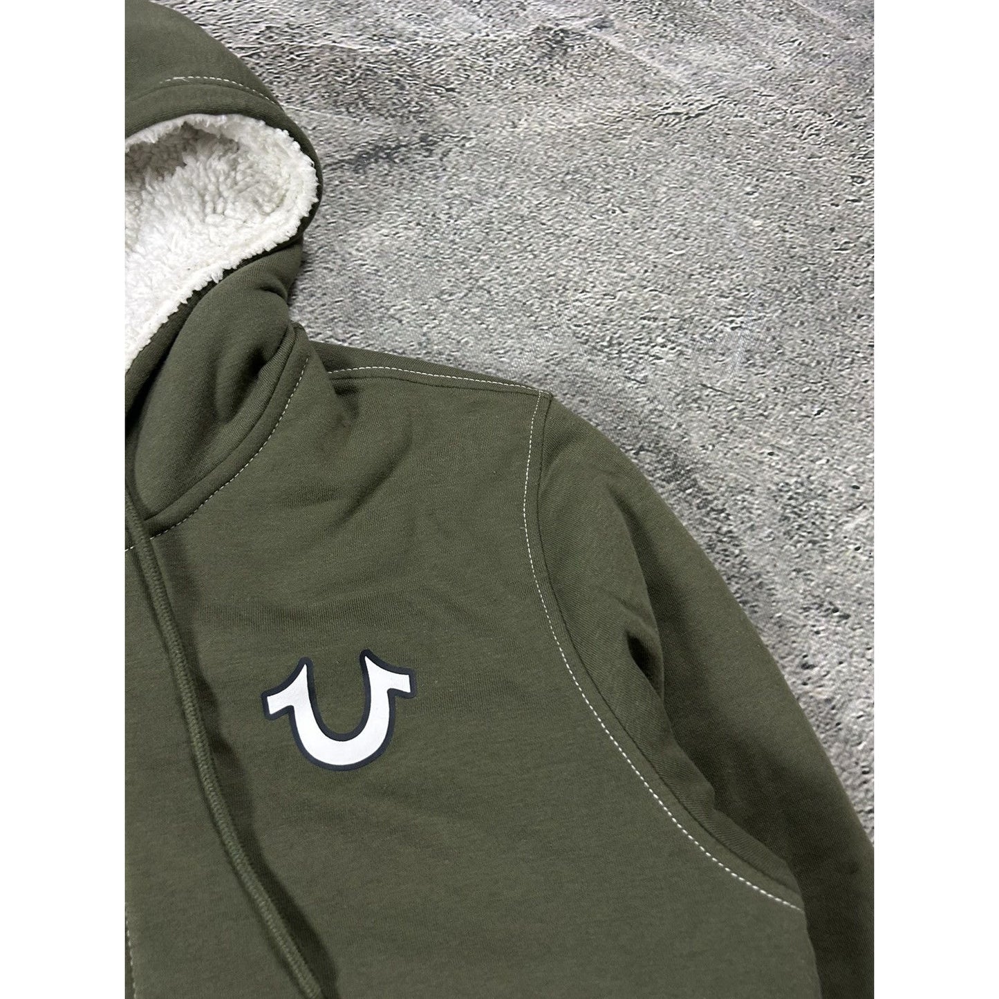 True Religion zip hoodie big logo vintage sherpa green Y2K
