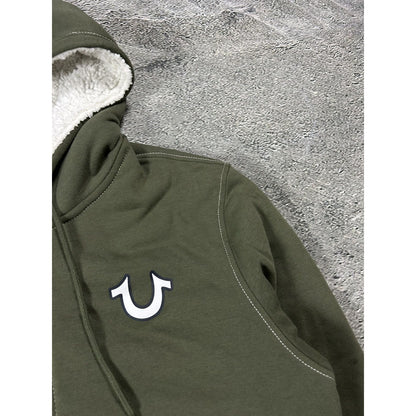 True Religion zip hoodie big logo vintage sherpa green Y2K