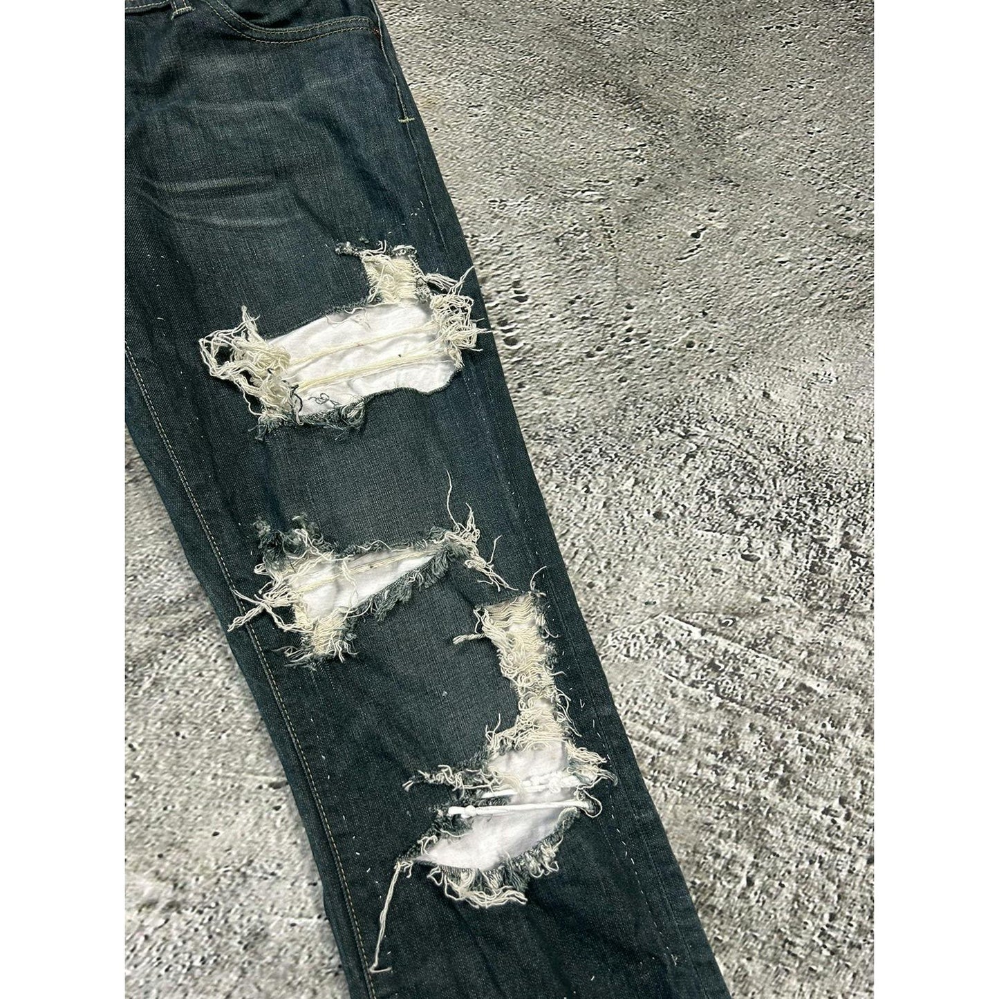 Evisu x Puma vintage navy green jeans seagulls distressed