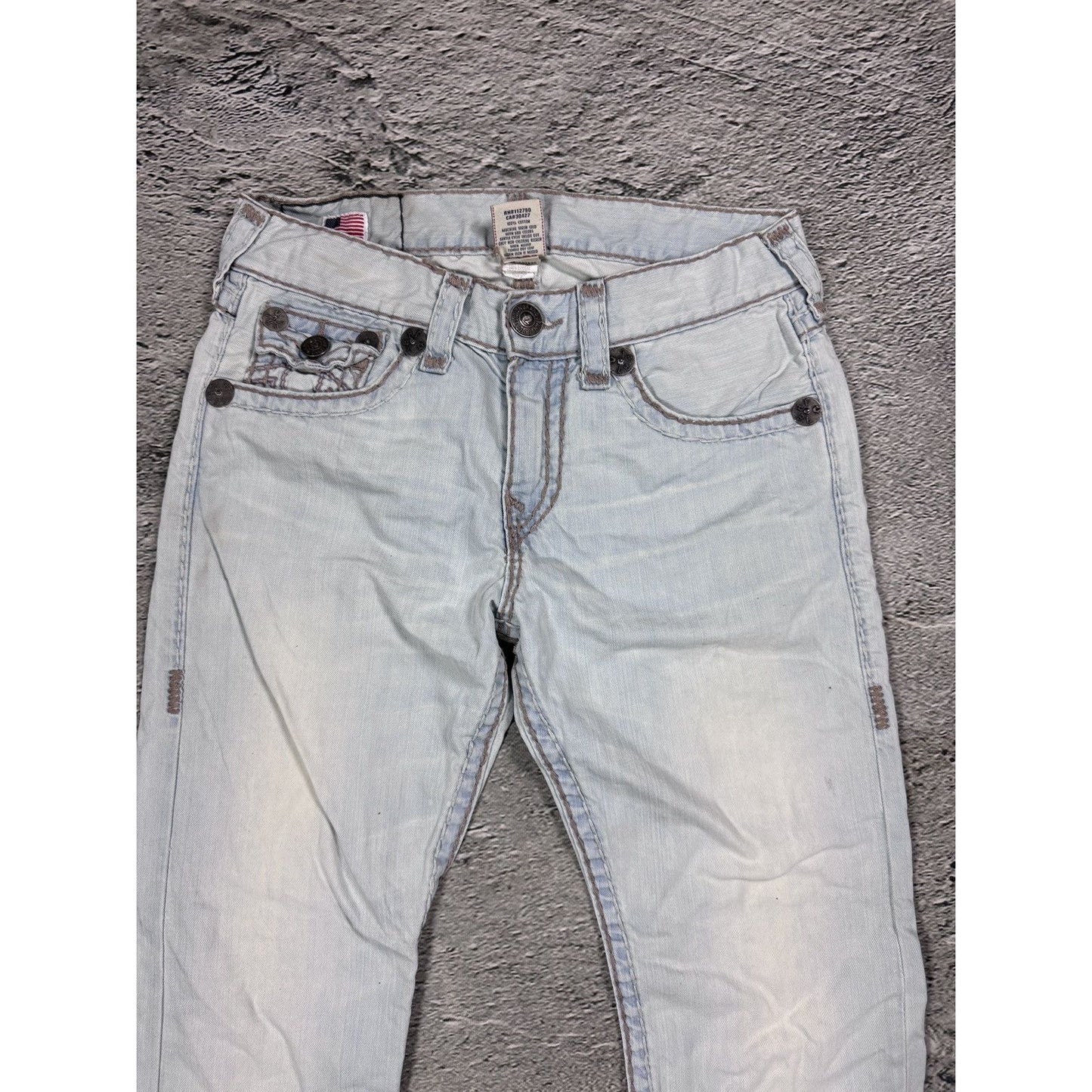 True Religion light blue jeans beige stitching Ricky Super T