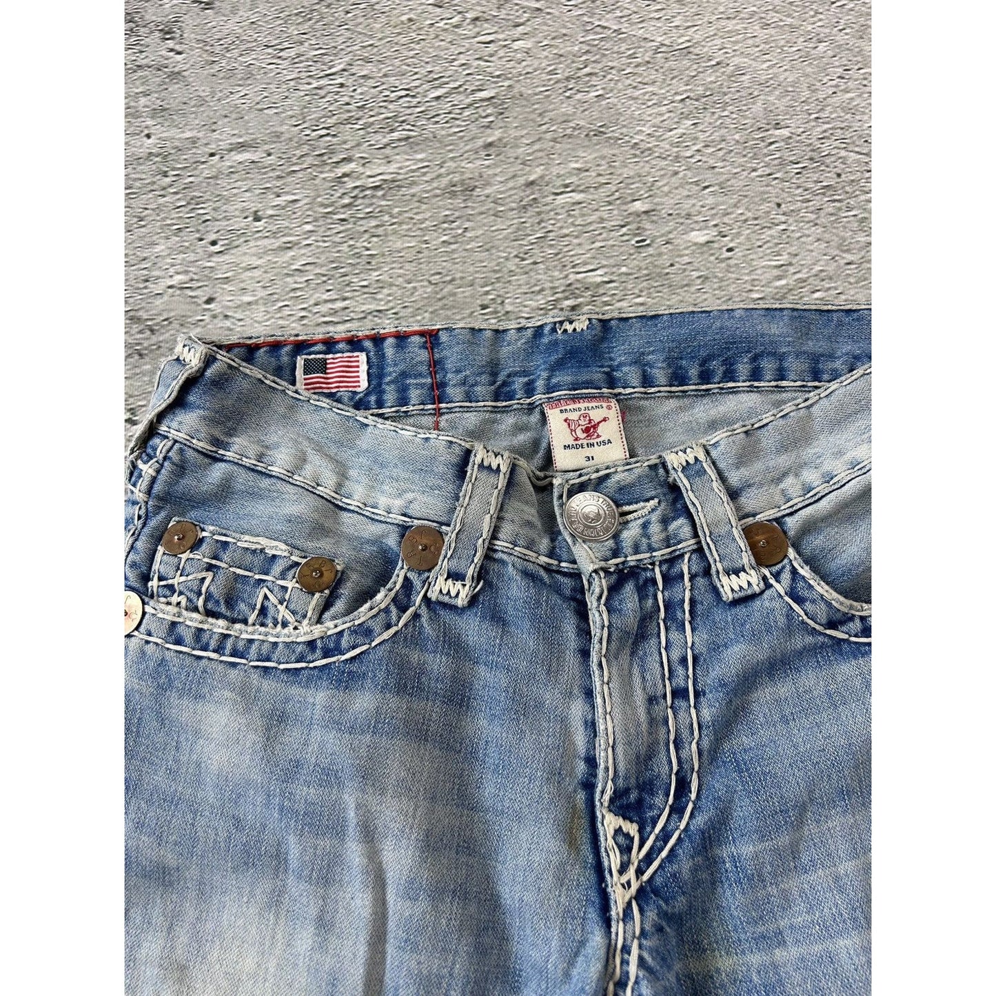 True Religion baby blue jeans white thick stitching Bobby