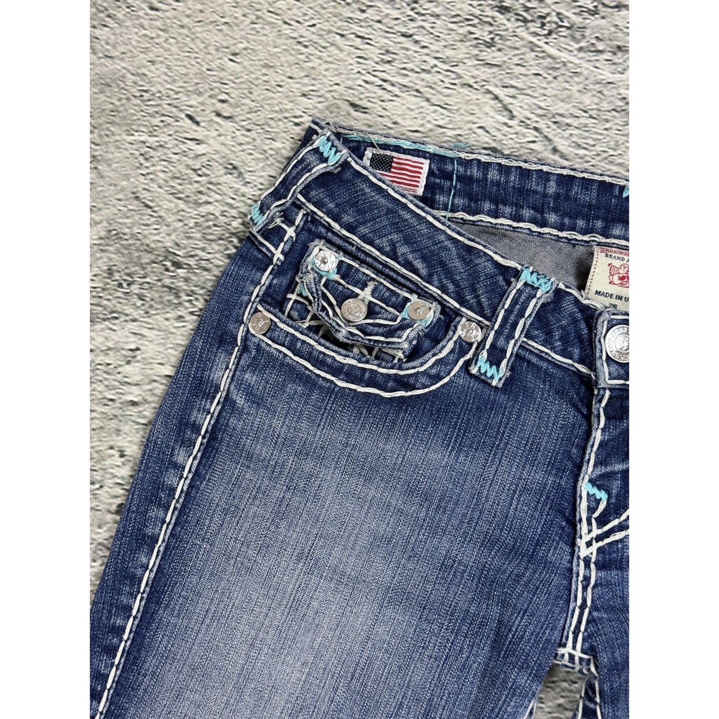 True Religion jeans bootcut blue white thick stitching