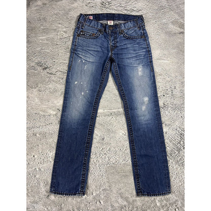 True Religion blue jeans white thick stitching Logan