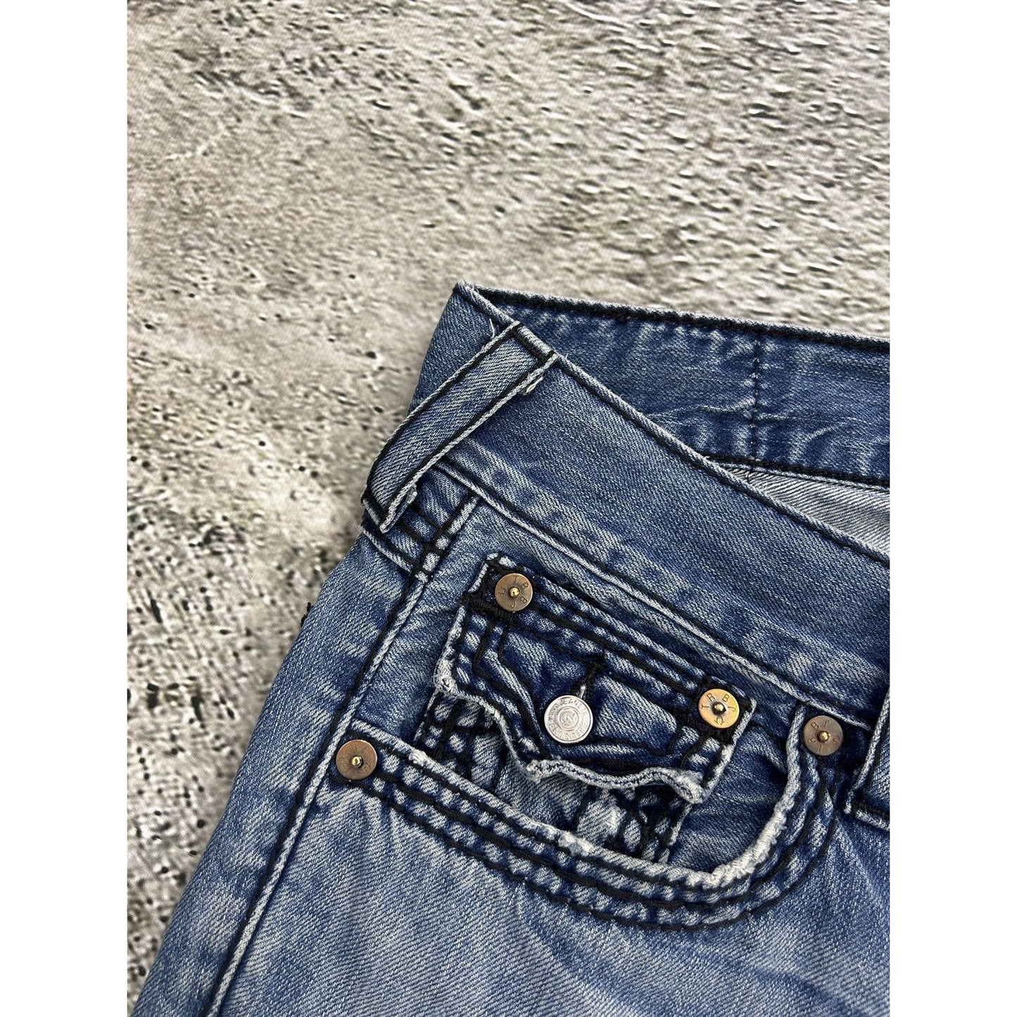 True Religion baby blue jeans black stitching Y2K