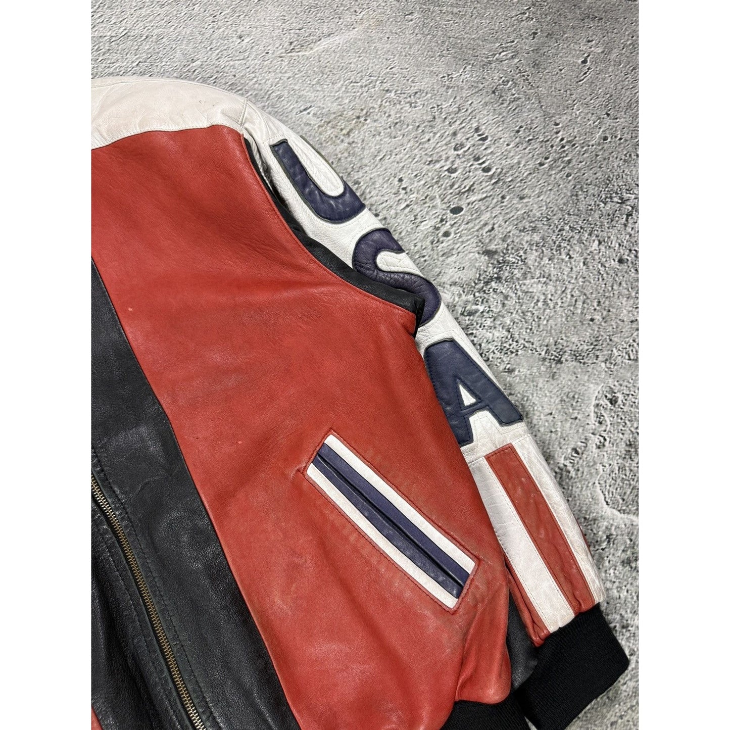 Vintage USA leather jacket flag black red white Max Moser