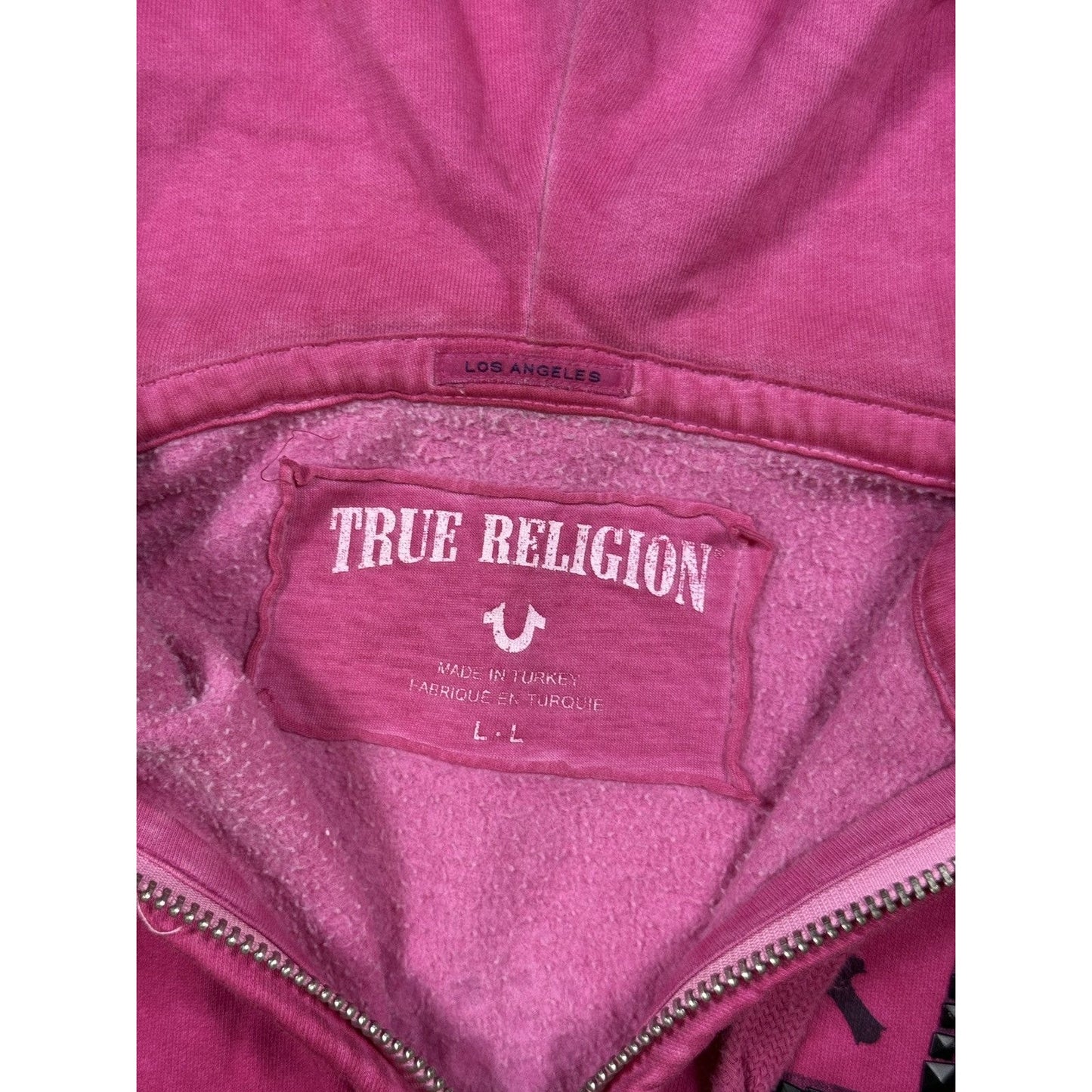 True Religion hoodie pink big logo white cross vintage