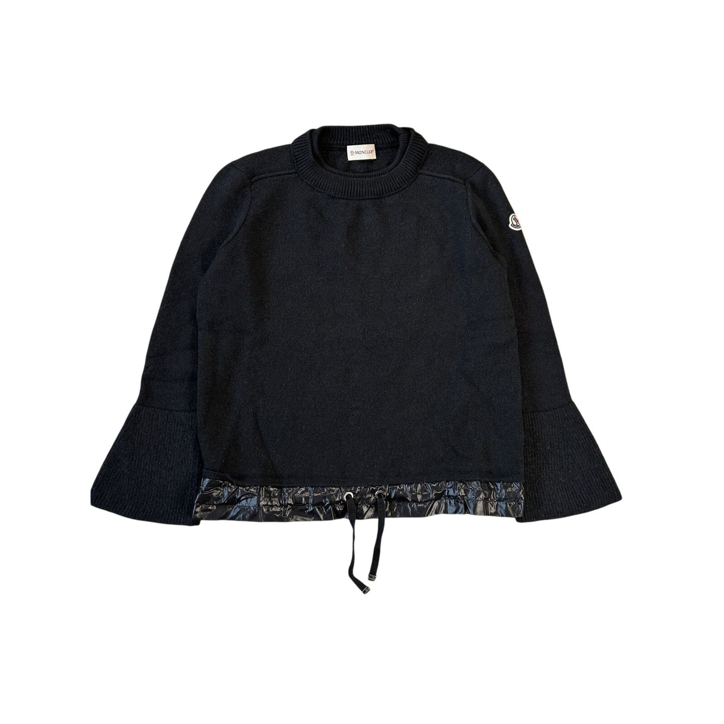 Moncler black sweater knit flared nylon hem shiny